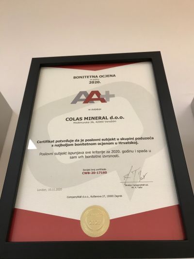 Colas Mineral dobitnik certifikata